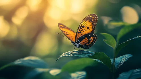 Orange butterfly on leaf in soft backlit forest setting.