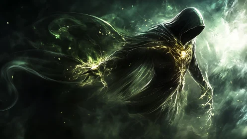 Hooded wraith channels radiant green energy storm