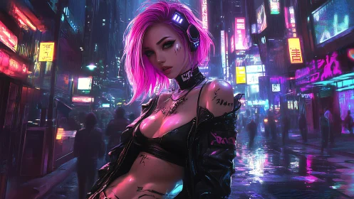 Neon punk heroine owns the rainy cyberpunk city night