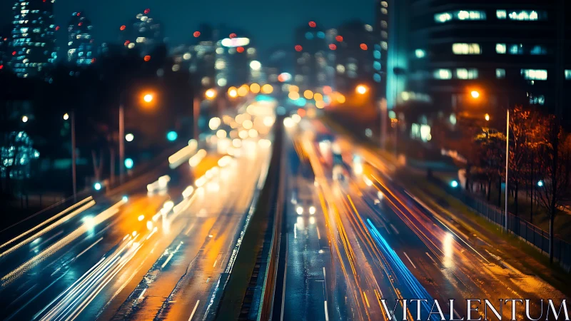 Long exposure captures wet urban highway light trails at night
