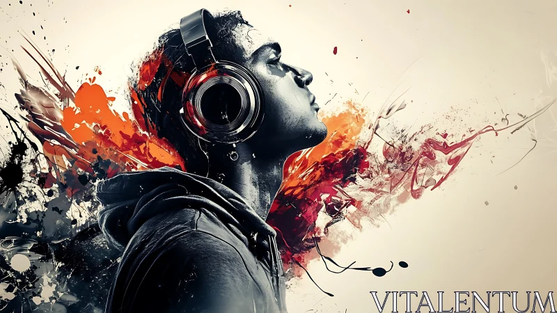 Headphoned listener in dynamic abstract color burst.