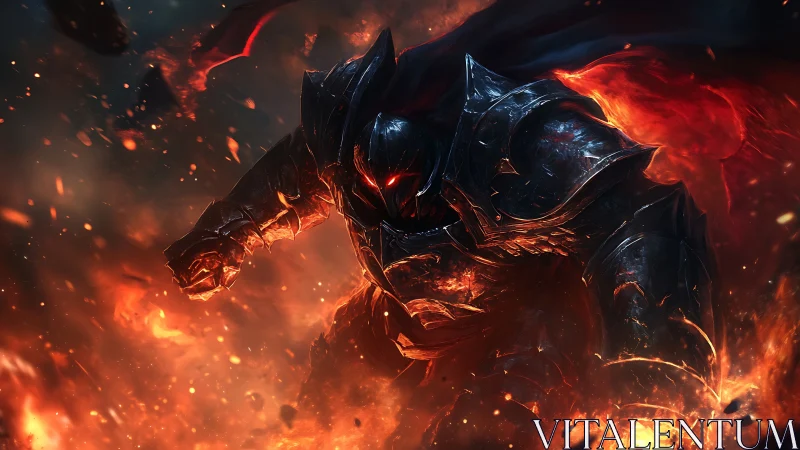 Armored dark figure advancing through intense molten fire.