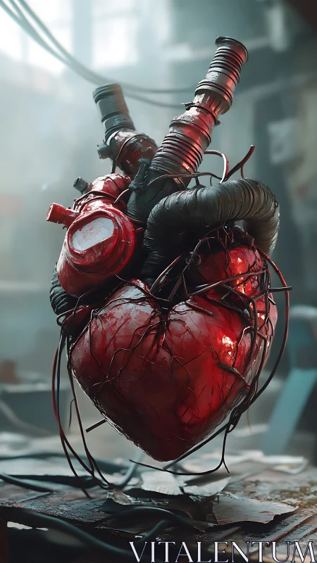 Mechanical heart sculpture with industrial tubing and wiring.
