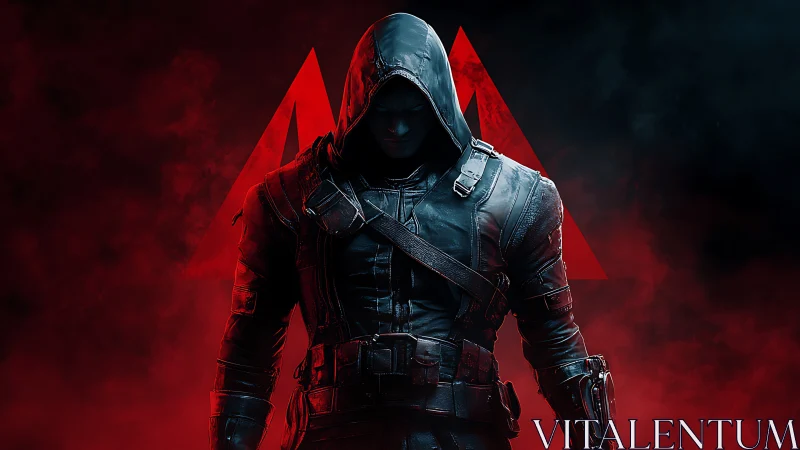Hooded tactical assassin in red fog with triangular sigil backdrop