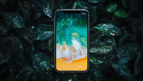 Smartphone Displaying Aerial Beach Scene Among Foliage.