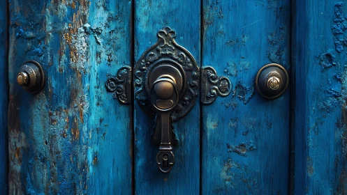 Oxidized blue door surface with ornate brass locking hardware.