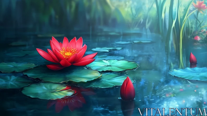 Red water lily rendered with high saturation and soft depth of field