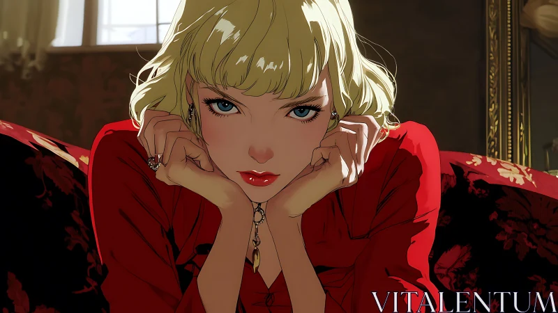 Cinematic anime portrait of blonde woman in red blouse.