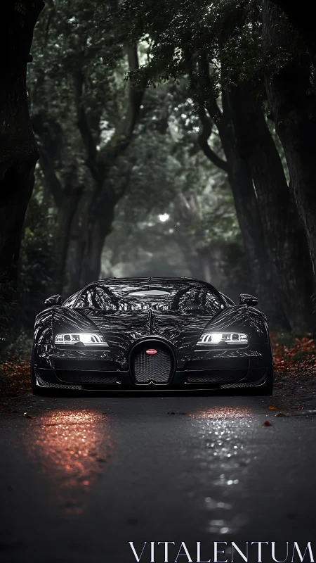 Glossy black supercar glides through a moody forest road