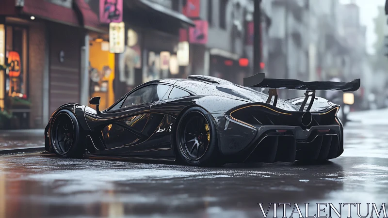Black hypercar sits on wet city street under overcast daylight
