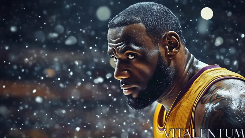 Hyperreal courtside portrait of basketball player in snow