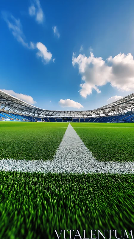 Pristine football pitch lines stretch toward open blue sky.