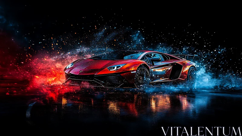 Red supercar slices through fire and water in neon night