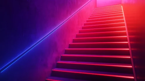 Neon illuminated stairway in gradient magenta blue corridor.