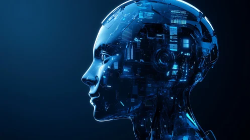 Synthetic human head profile displays internal digital circuitry