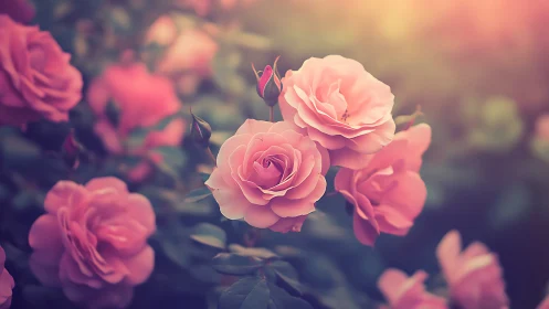 Pink roses bathed in golden sunlight create a romantic garden scene