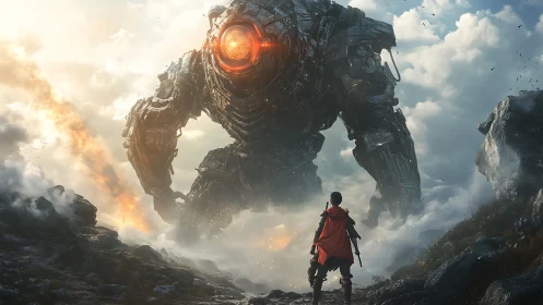 Human figure facing large robotic titan in misty landscape.