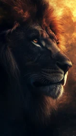 Firelit lion gazes into dusk while shadows cradle his mane