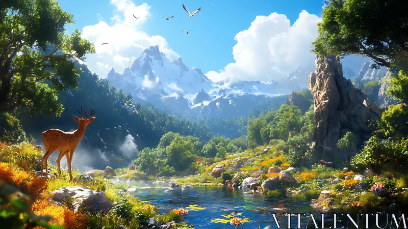 Gentle deer pauses by a sparkling mountain forest stream