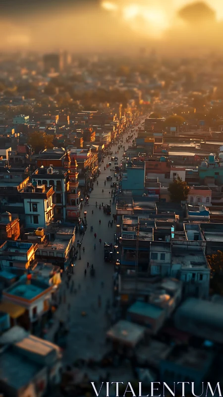 Sunlit aerial view of narrow urban street and dense housing.