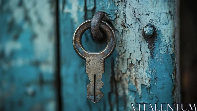 Weathered key waiting in peeling turquoise door’s quiet shadow.