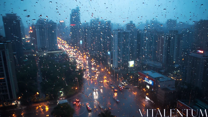Nocturnal rain-soaked megacity through refractive window plane.