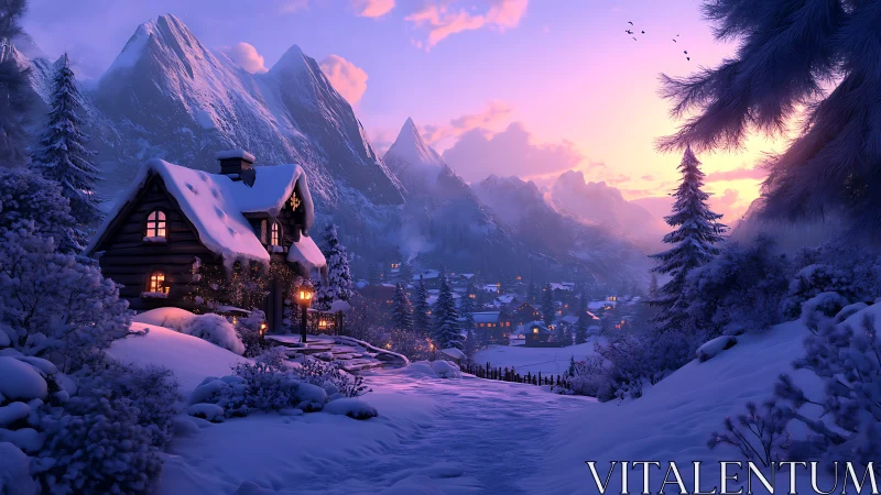 Snowy mountain village at dusk with warm cabin lights.