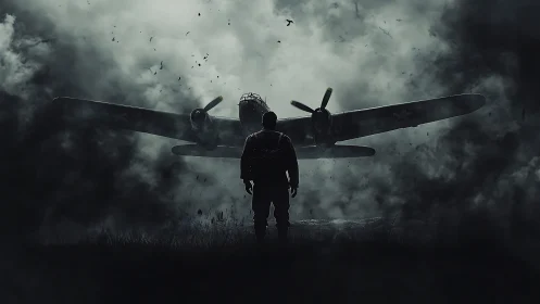 Solitary pilot confronts warplane amid churning storm clouds.