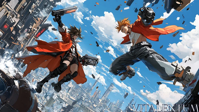 Two armed figures in midair clash above futuristic cityscape.