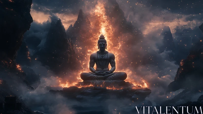 Calm stone deity resting amid rivers of roaring fire.