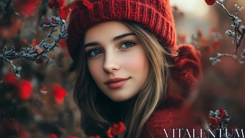 Young woman in red gazes softly through frosted autumn boughs