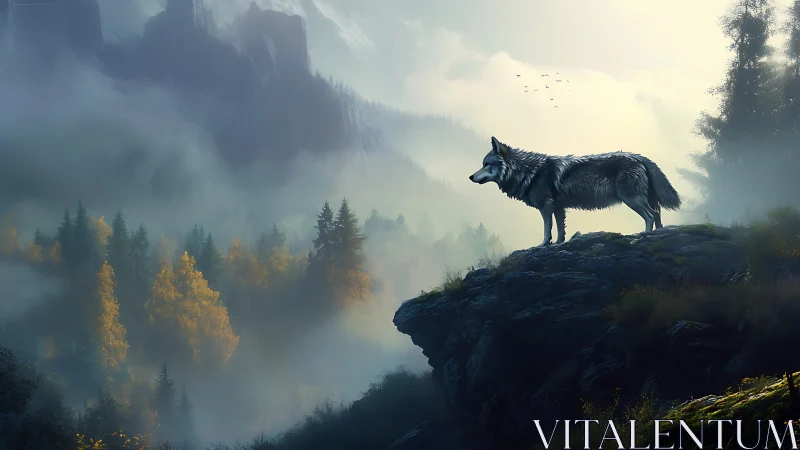 Digital painting of lone wolf above misted alpine forestscape.