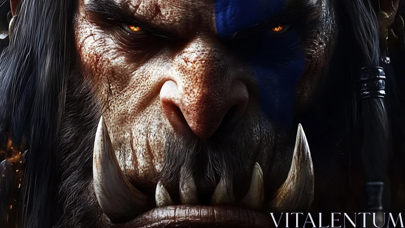 Savage orc warlord close-up with blue warpaint glare.