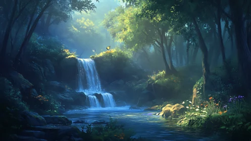 Mystical Forest Waterfall with Cascading Stream.