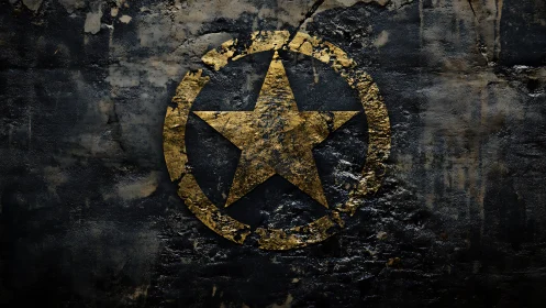 Gold star emblem with circle painted on distressed wall