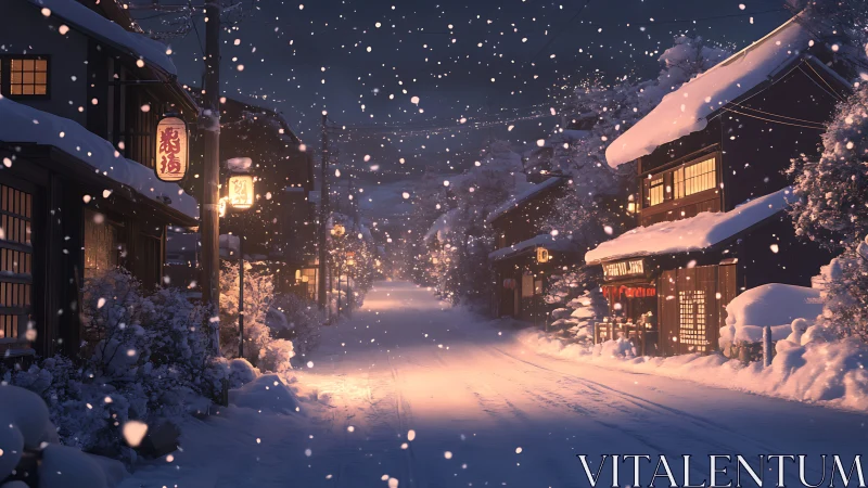 Snow-laden Japanese street rendered with volumetric light scattering