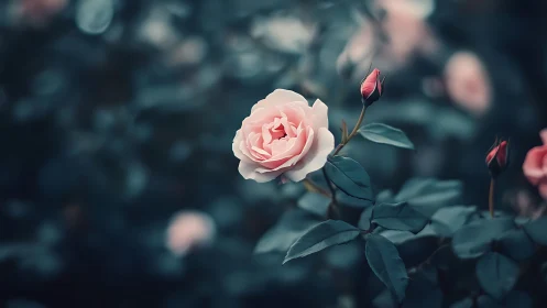 Pink Rose with Closed Buds in Garden Setting.