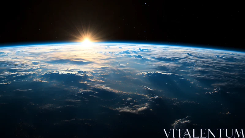 Photorealistic orbital sunrise across Earth’s curved horizon.