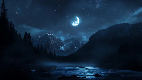 Moonlit river winding through quiet, misty mountain valley.