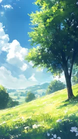 Sunlit hillside meadow rendered with layered atmospheric perspective