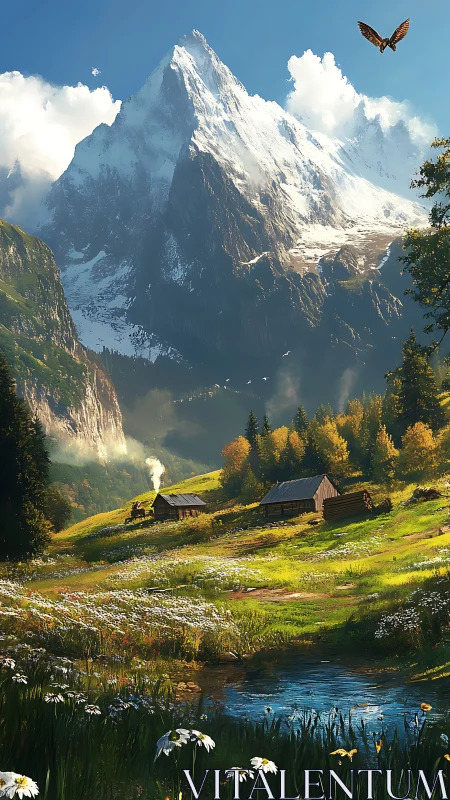 Sunlit alpine valley with cabins below towering summit.