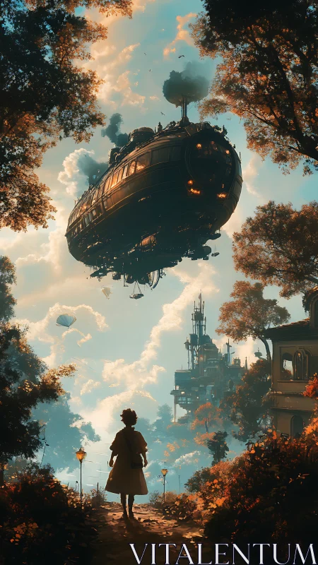Child beneath steampunk airship over luminous forest city.