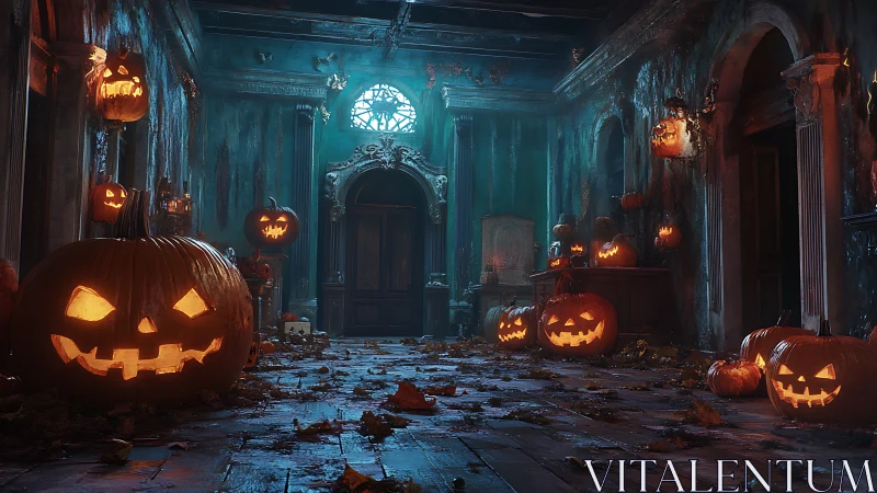Glowing jack o lanterns haunt decayed gothic hallway at night.