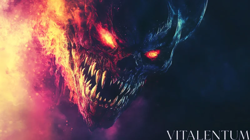 Demonic skull emerges through fire and shadow in neon void