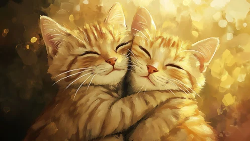 Two Golden Cats Resting Together in Warm Light.