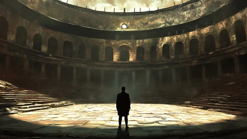 Lone figure stands in vast ancient stone arena interior.