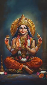 Four-armed seated Hindu deity with ornate golden halo