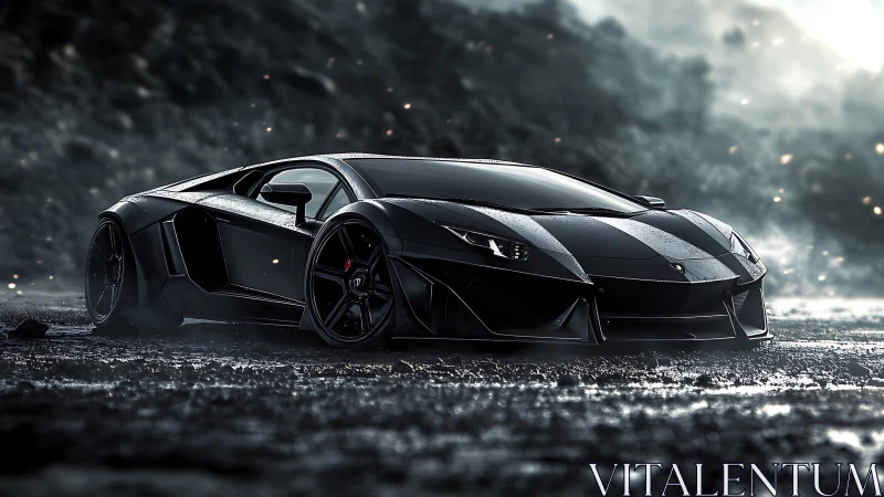 Stealth black supercar rests on wet asphalt in moody rainstorm.