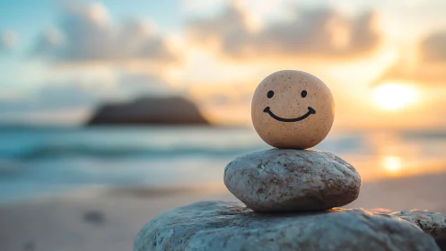 Minimalist beach still life with smiley stone focus at sunset.