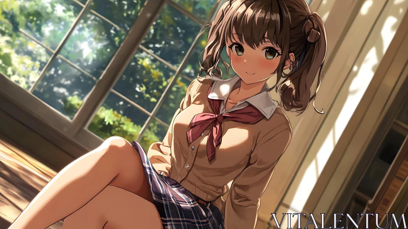Anime schoolgirl in sunlit classroom by large windows.